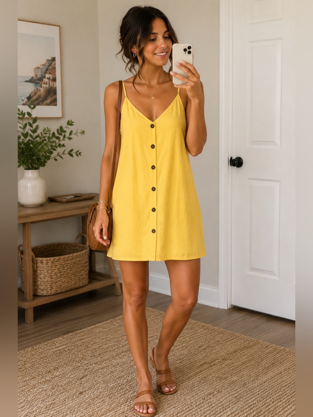 Lida Kate Yellow Button Front Spaghetti Strap Mini Dress